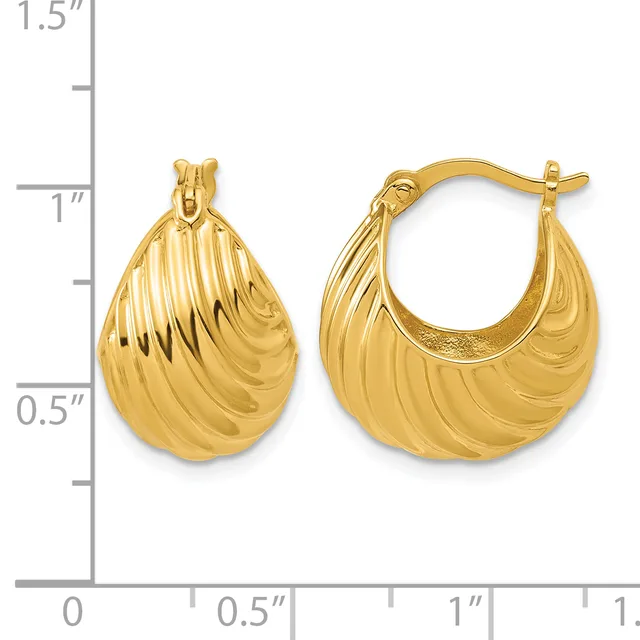 A pair of gold teardrop-shaped hoop earrings with ribbed texture, displayed against a measurement scale showing approximately one inch in height.
