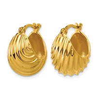 A pair of gold-toned hoop earrings with ridged texturing, shown from front and back views, featuring a teardrop shape with a hollow center.