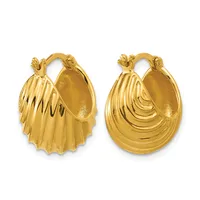 A pair of gold hoop earrings with ridged textures, shown from front and back views, featuring teardrop shapes with posts and clutch closures.