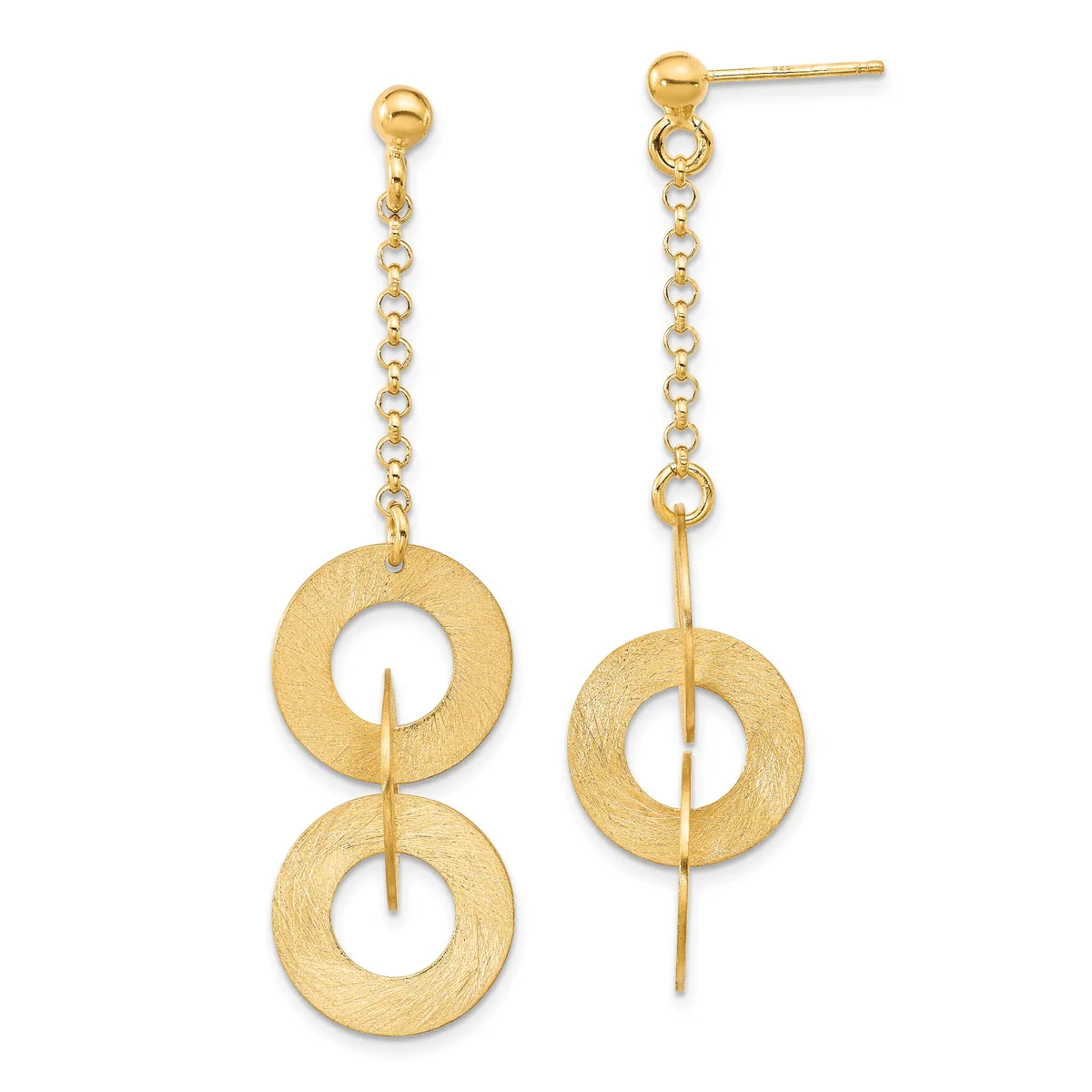 Pair of gold dangle earrings with textured circular discs connected by chain links and thin bars, shown on white background.