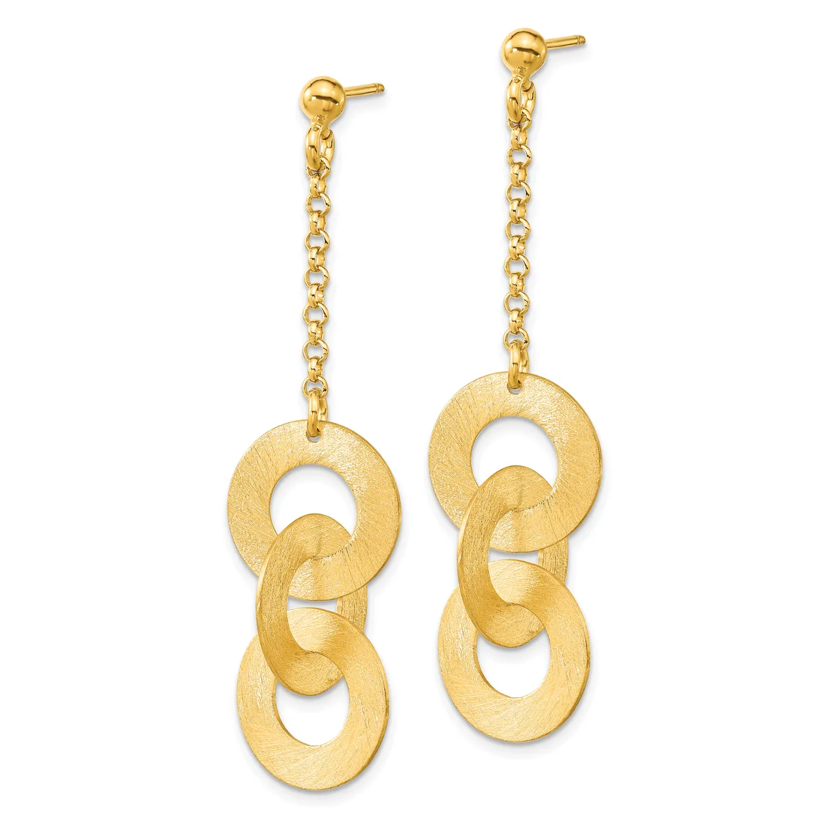 Pair of gold dangle earrings with chain posts and three connected circular links with a brushed finish.