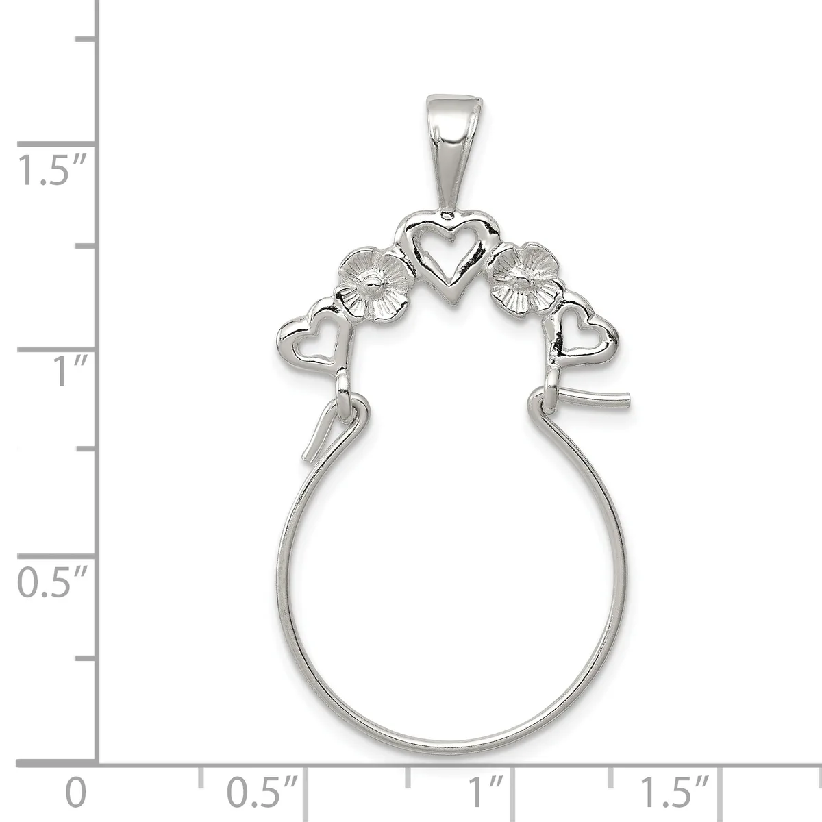 Silver charm holder pendant with heart-shaped top featuring two textured circular elements and small hearts, with an open loop base, shown next to a ruler measuring approximately 1.5 inches tall.
