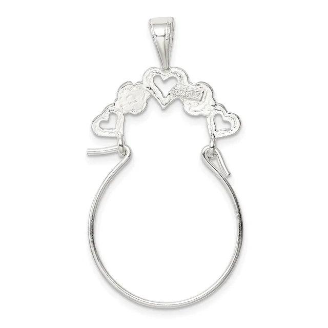 Silver charm holder pendant with a large oval loop and decorative heart-shaped charms connected at the top.