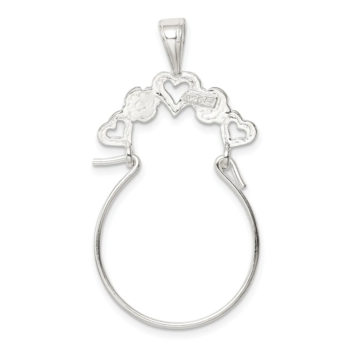 Silver charm holder pendant with a large oval loop and decorative heart-shaped charms connected at the top.