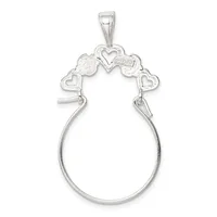 Silver charm holder pendant with a large oval loop and decorative heart-shaped charms connected at the top.