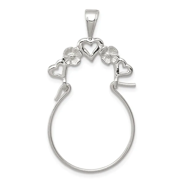 Silver charm holder pendant with a large oval loop, decorative top featuring a central heart flanked by two textured circles and two smaller hearts, with a small hallmark visible.