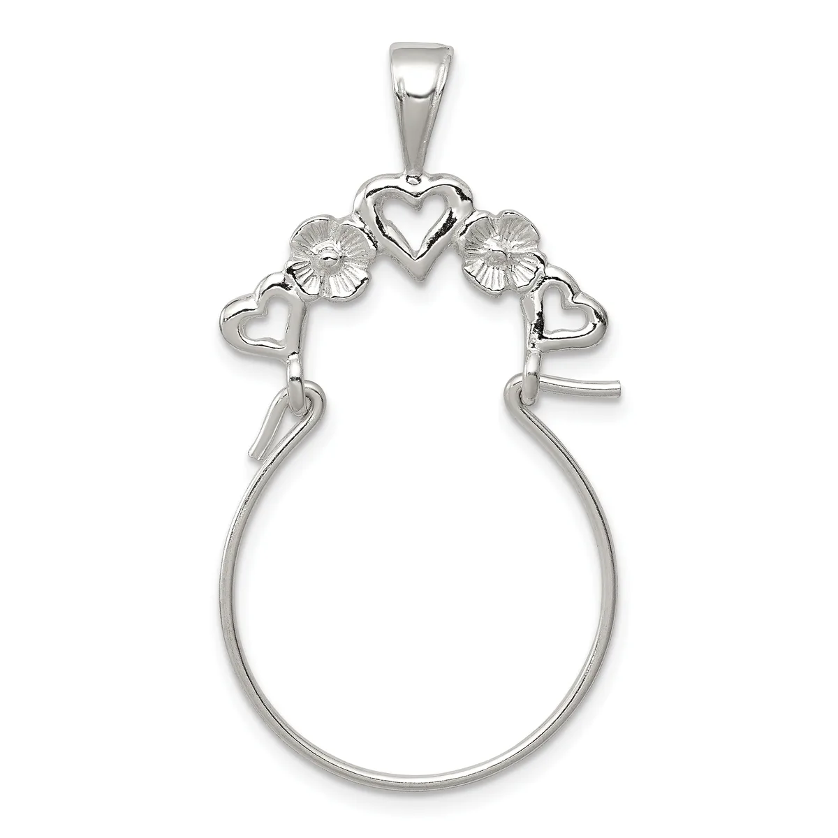 Silver charm holder pendant with a large oval loop, decorative top featuring a central heart flanked by two textured circles and two smaller hearts, with a small hallmark visible.