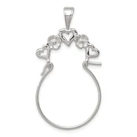 Silver charm holder pendant with a large oval loop, decorative top featuring a central heart flanked by two textured circles and two smaller hearts, with a small hallmark visible.