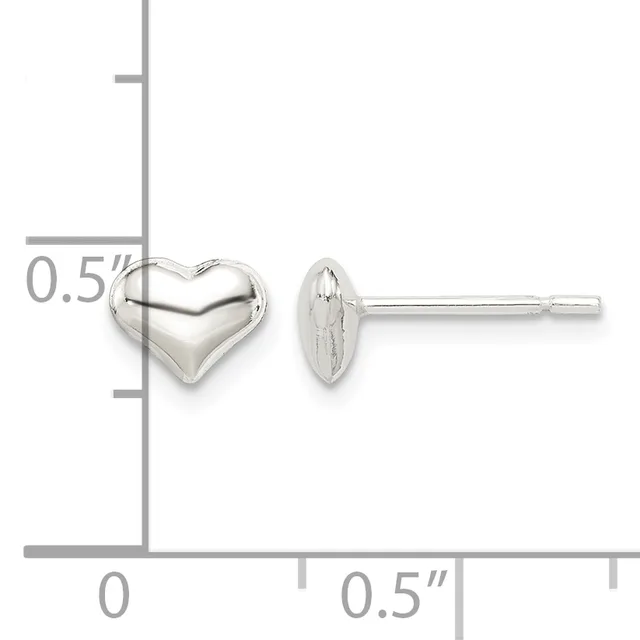 Pair of polished silver heart-shaped stud earrings with posts, shown front and back view next to a measurement scale indicating approximately 0.5 inches in height.
