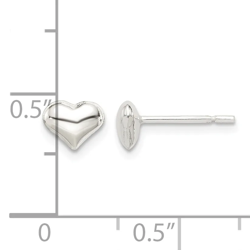 Pair of polished silver heart-shaped stud earrings with posts, shown front and back view next to a measurement scale indicating approximately 0.5 inches in height.