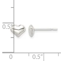 Pair of polished silver heart-shaped stud earrings with posts, shown front and back view next to a measurement scale indicating approximately 0.5 inches in height.