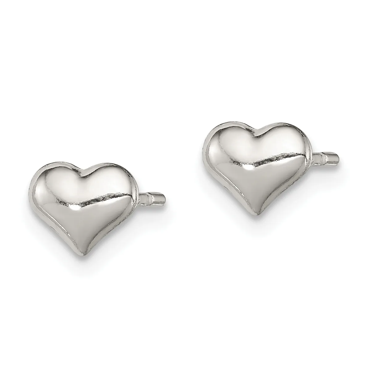 A pair of polished silver heart-shaped stud earrings with posts and backs, displayed side by side.