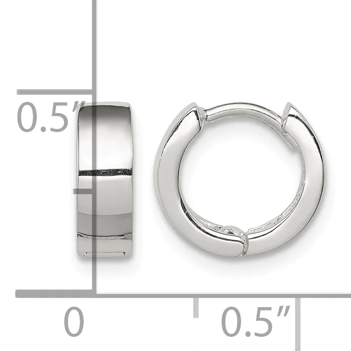 A pair of polished silver-toned huggie hoop earrings shown from front and side views with measurement scale indicating approximately 0.5 inches in diameter.