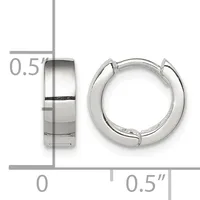 A pair of polished silver-toned huggie hoop earrings shown from front and side views with measurement scale indicating approximately 0.5 inches in diameter.