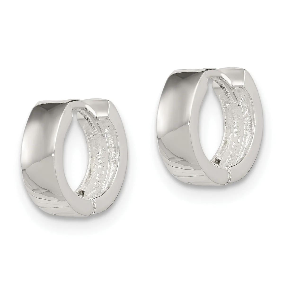 A pair of polished silver hinged hoop earrings with textured inner surfaces, shown from a front three-quarter view against a white background.