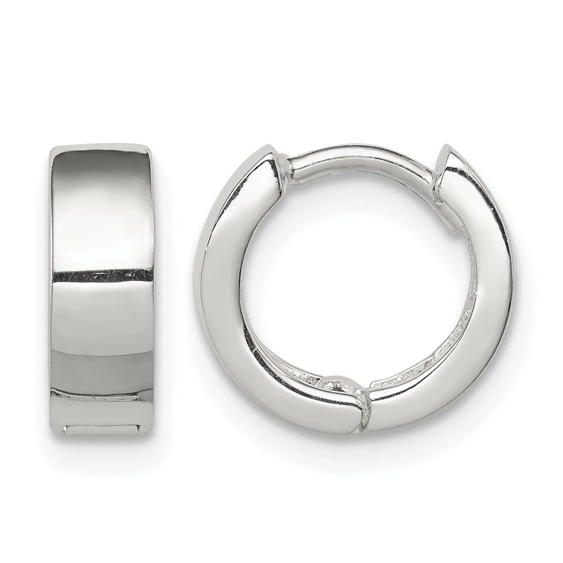 A pair of polished silver huggie hoop earrings shown from front and side views, featuring a chunky curved design with a small hallmark visible on the interior.