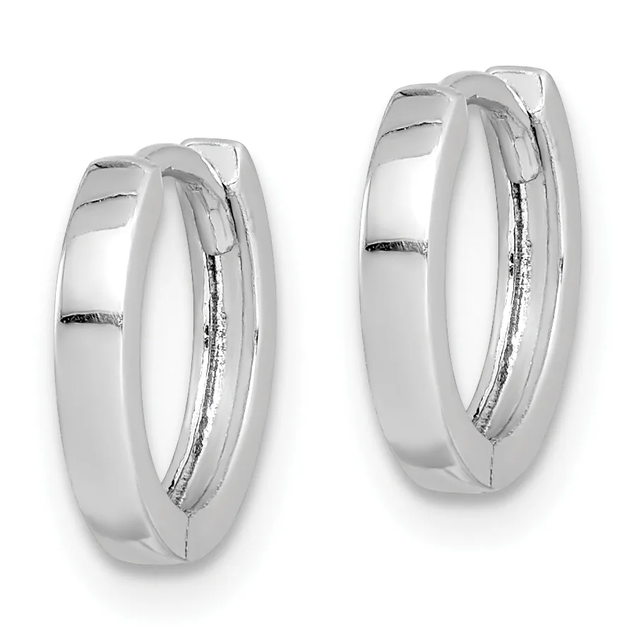 Pair of polished silver hoop earrings with a chunky, rounded profile and a hinged clasp closure, shown from a front and slightly angled view.