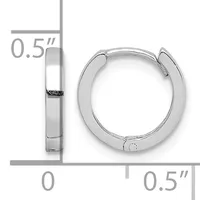 A pair of polished silver-toned hinged hoop earrings shown from front and side views with measurement ruler indicating 0.5 inch dimensions.