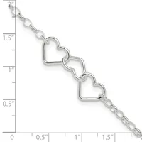 Silver-toned bracelet with two open heart charms connected by small oval links, displayed on a measurement scale showing approximately 7 inches in length.