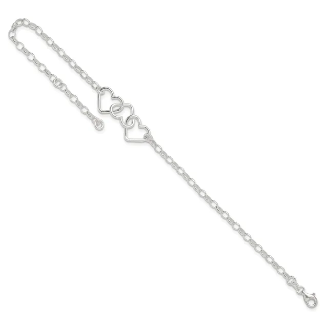 Silver-toned chain bracelet with two connected heart charms displayed diagonally against a white background.