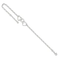 Silver-toned chain bracelet with two connected heart charms displayed diagonally against a white background.