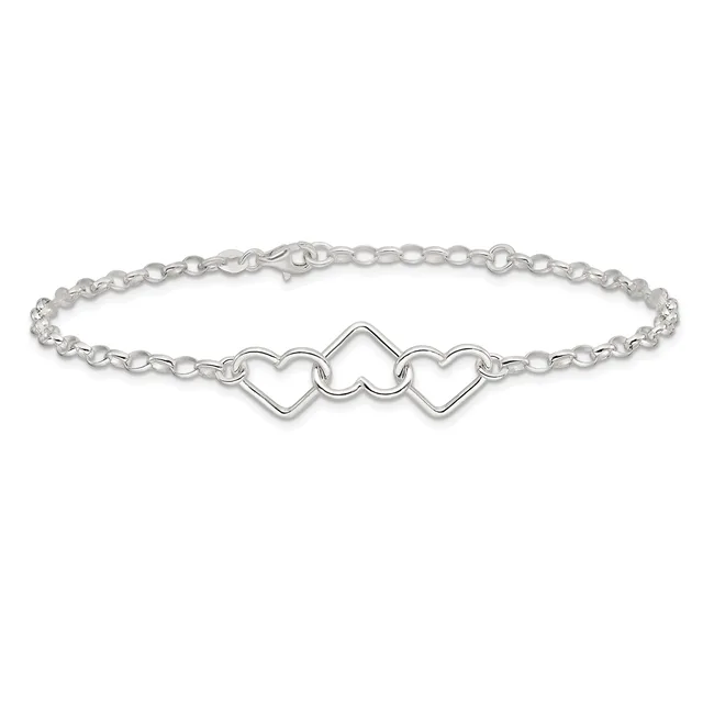 Silver-toned bracelet with a delicate chain link design and three connected heart charms in the center, displayed against a white background.