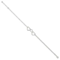 Silver-toned bracelet with a delicate chain and two open heart charms in the center, displayed against a white background.