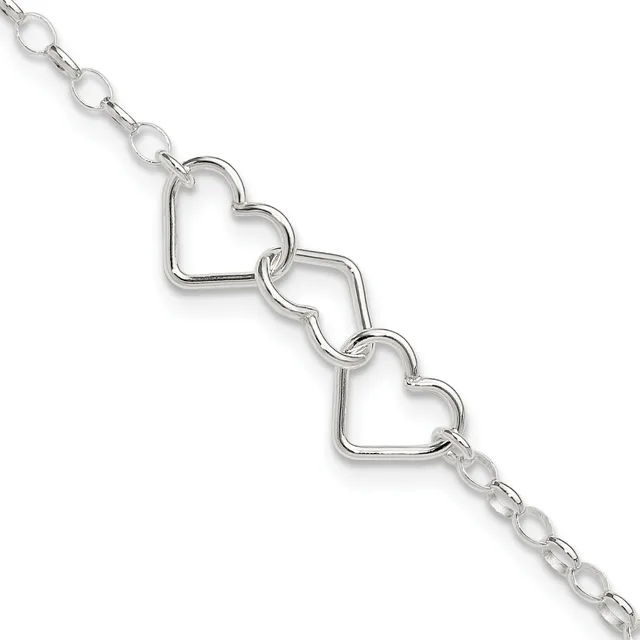 Silver-toned bracelet featuring three connected heart-shaped links with a delicate chain on either end.