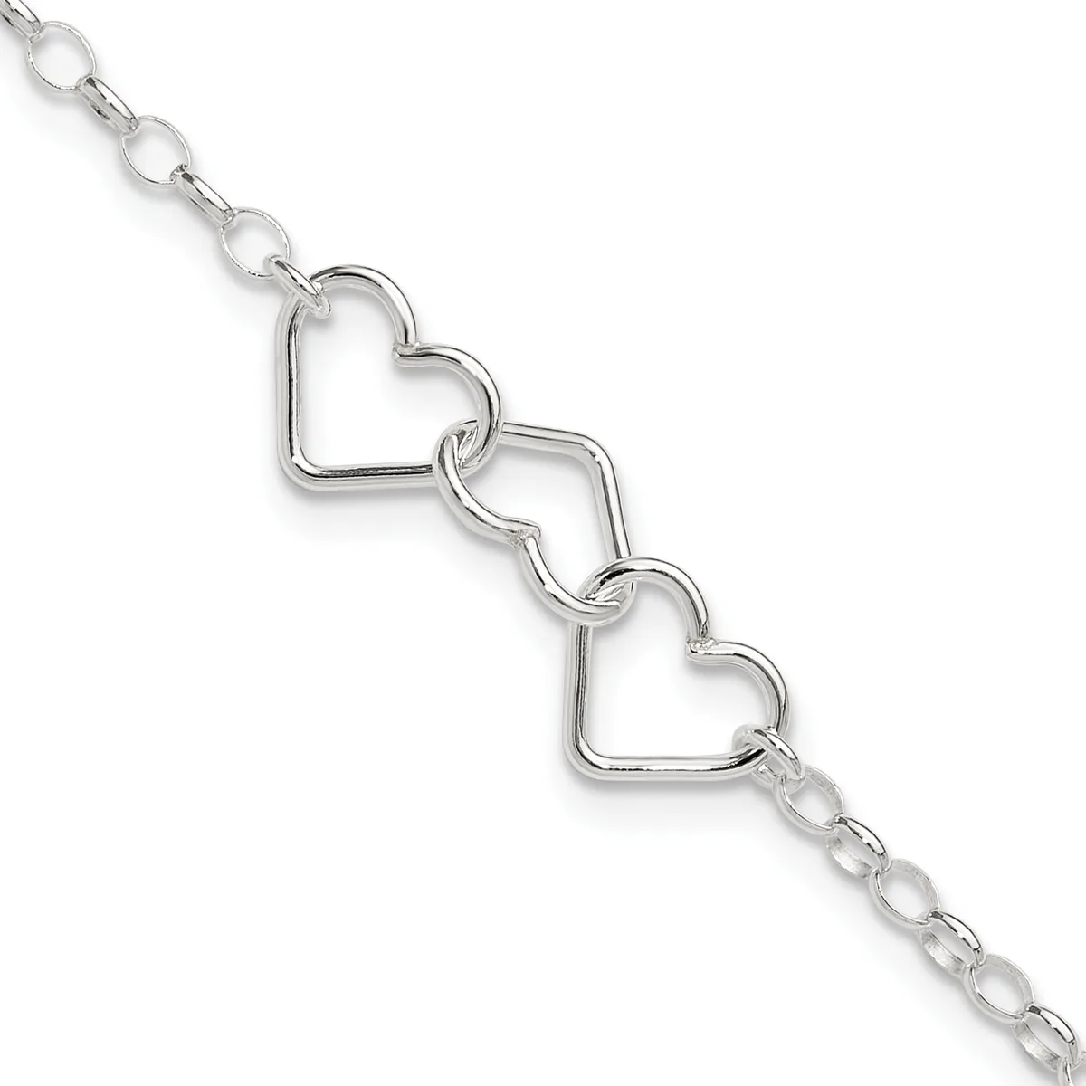 Silver-toned bracelet featuring three connected heart-shaped links with a delicate chain on either end.