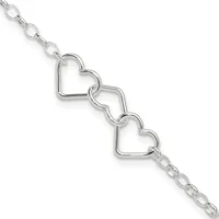 Silver-toned bracelet featuring three connected heart-shaped links with a delicate chain on either end.