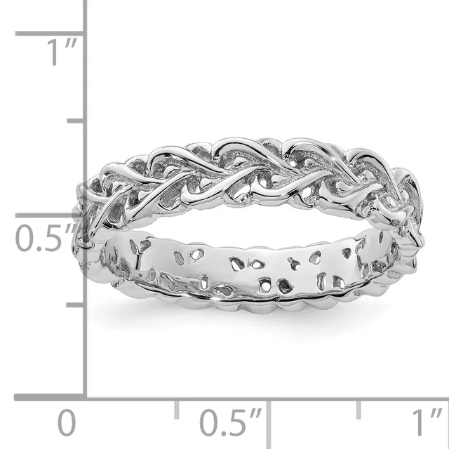 Silver twisted rope band ring with decorative cutout details shown next to a ruler indicating approximately 0.5 inches in width.