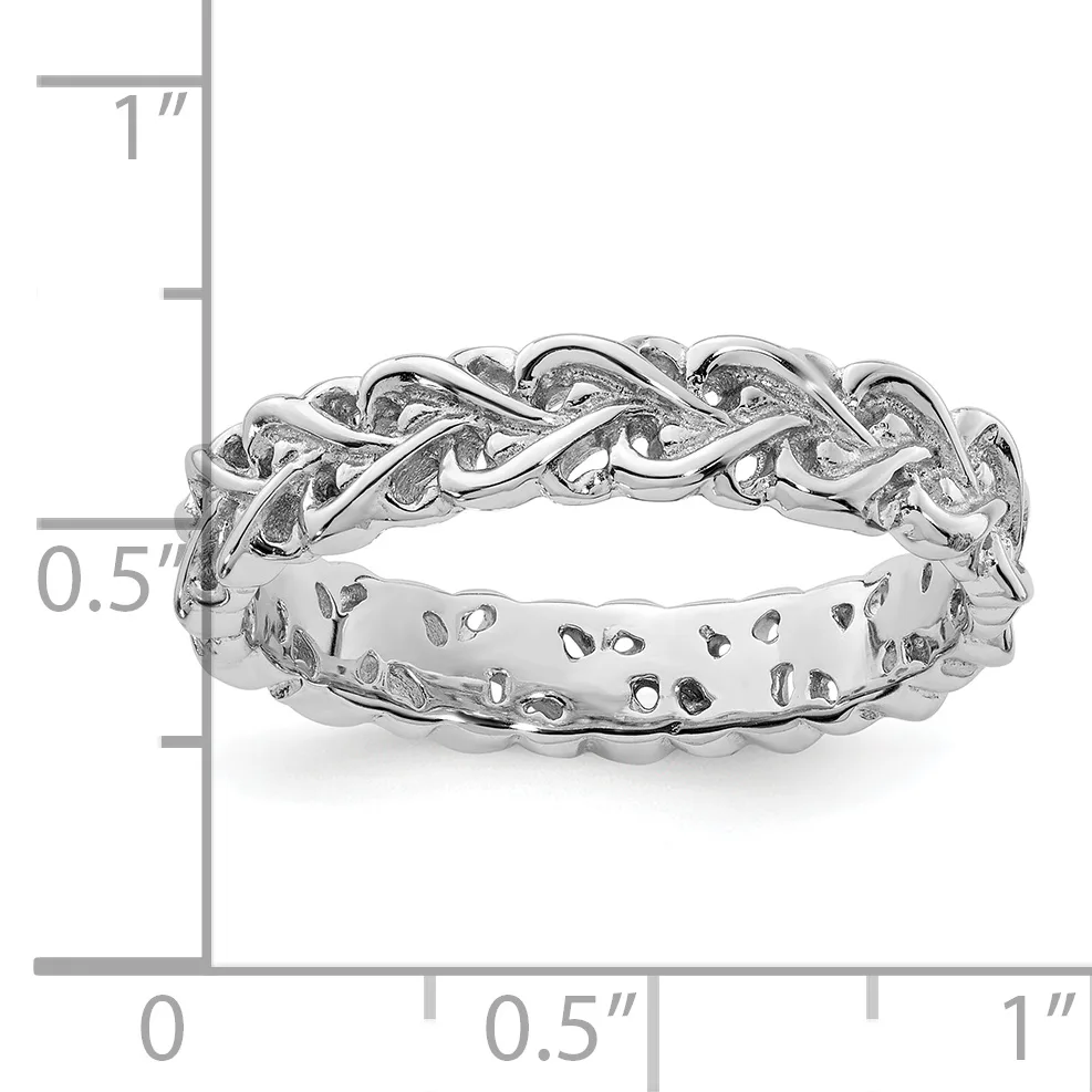Silver twisted rope band ring with decorative cutout details shown next to a ruler indicating approximately 0.5 inches in width.