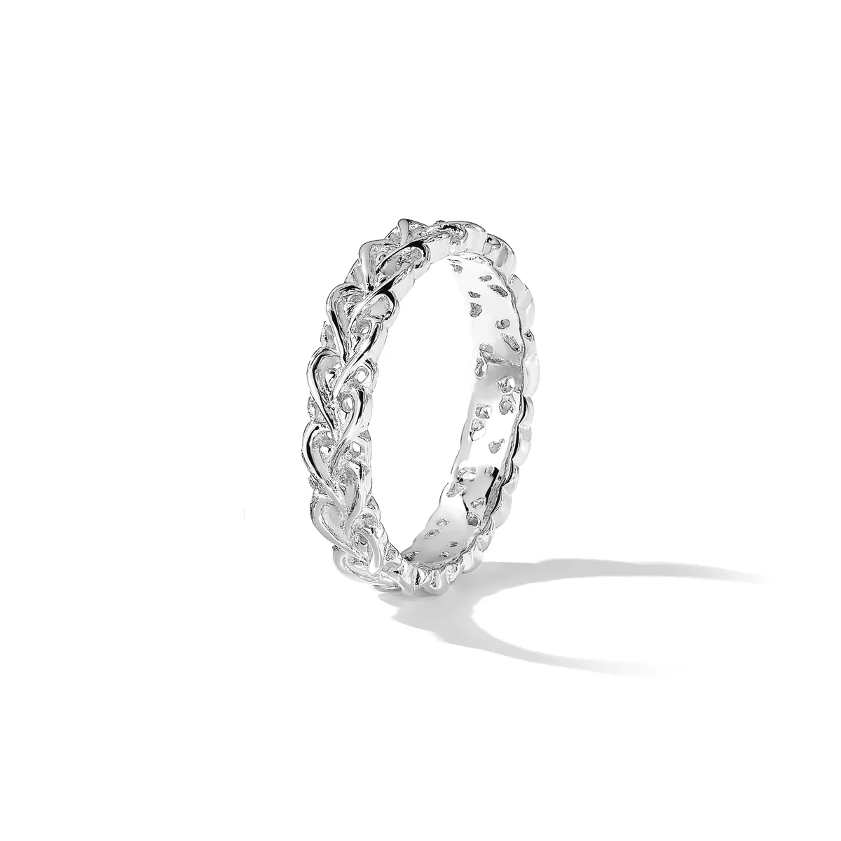 A silver braided band ring with small round diamonds set along the inner surface, displayed at an angle against a white background.