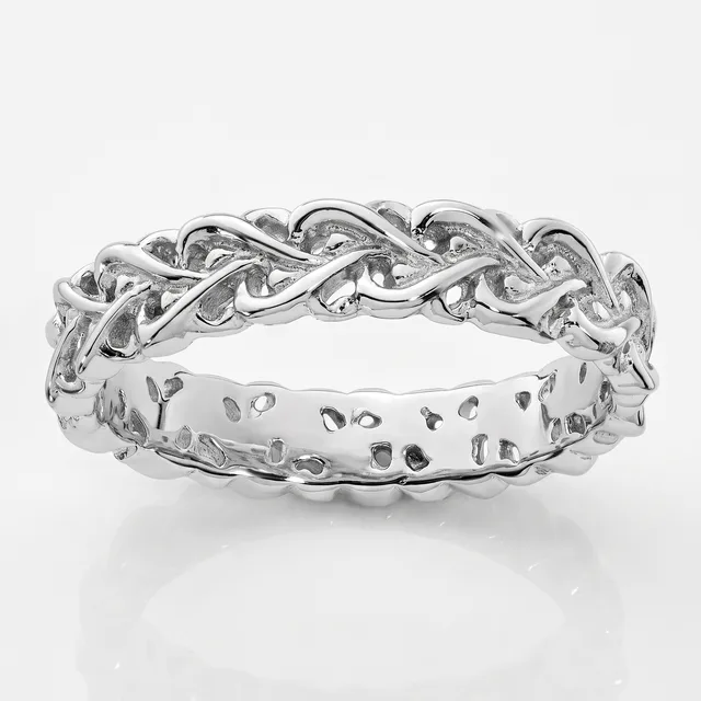 A silver braided infinity knot eternity band ring with an open weave design, photographed against a white background.