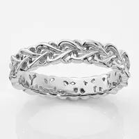 A silver braided infinity knot eternity band ring with an open weave design, photographed against a white background.