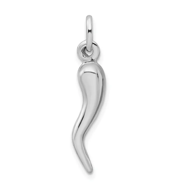 A polished silver curved horn-shaped pendant hanging from a small loop bail.