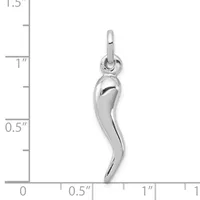 A polished silver curved horn-shaped pendant with a loop attachment, shown against a measurement scale indicating approximately one and one-quarter inches in length.