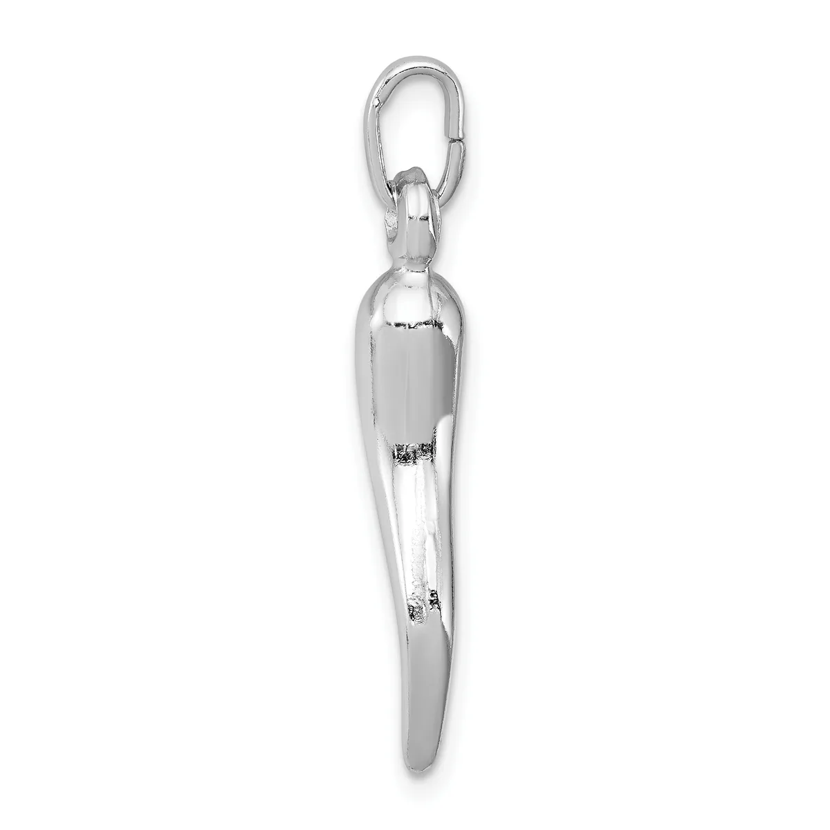 A polished silver cylindrical pendant with a small hallmark, suspended from an oval carabiner clasp.