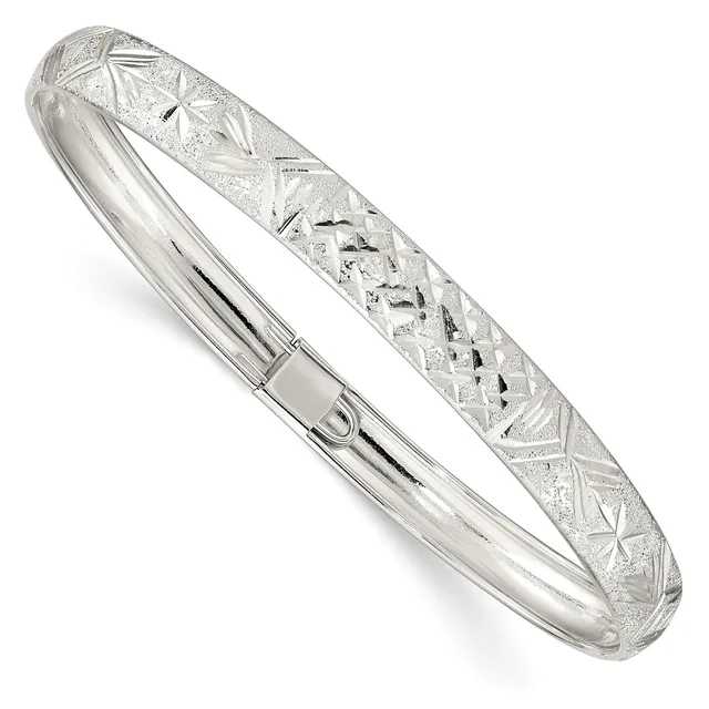 Two sterling silver bangle bracelets, one with a polished finish and one with an engraved geometric star pattern, shown stacked together.