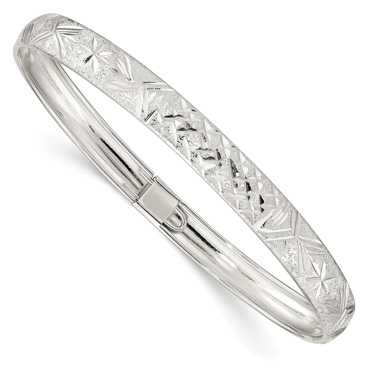 Two sterling silver bangle bracelets, one with a polished finish and one with an engraved geometric star pattern, shown stacked together.