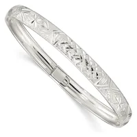 Two sterling silver bangle bracelets, one with a polished finish and one with an engraved geometric star pattern, shown stacked together.