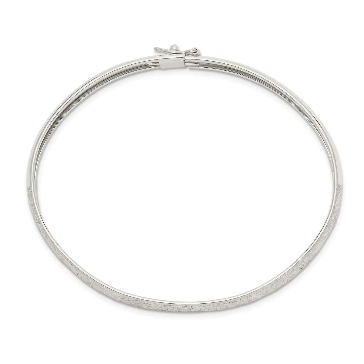 A polished silver-toned bangle bracelet with a hinged clasp closure shown against a white background.