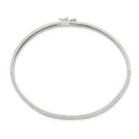 A polished silver-toned bangle bracelet with a hinged clasp closure shown against a white background.