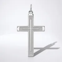 Silver cross pendant with a polished finish and beveled edges, shown against a white background with its shadow visible.