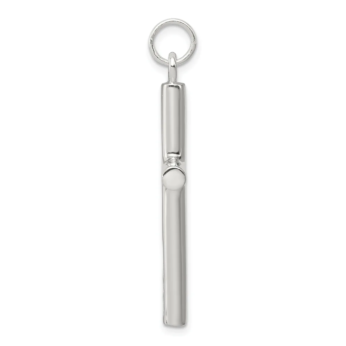 A polished silver cylindrical whistle with a split ring attachment at the top and a small round loop detail near the bottom.