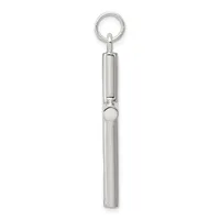 A polished silver cylindrical whistle with a split ring attachment at the top and a small round loop detail near the bottom.