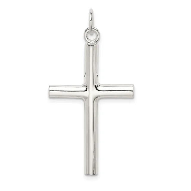A polished silver cross pendant with hollow cylindrical arms and a small loop at the top for hanging.
