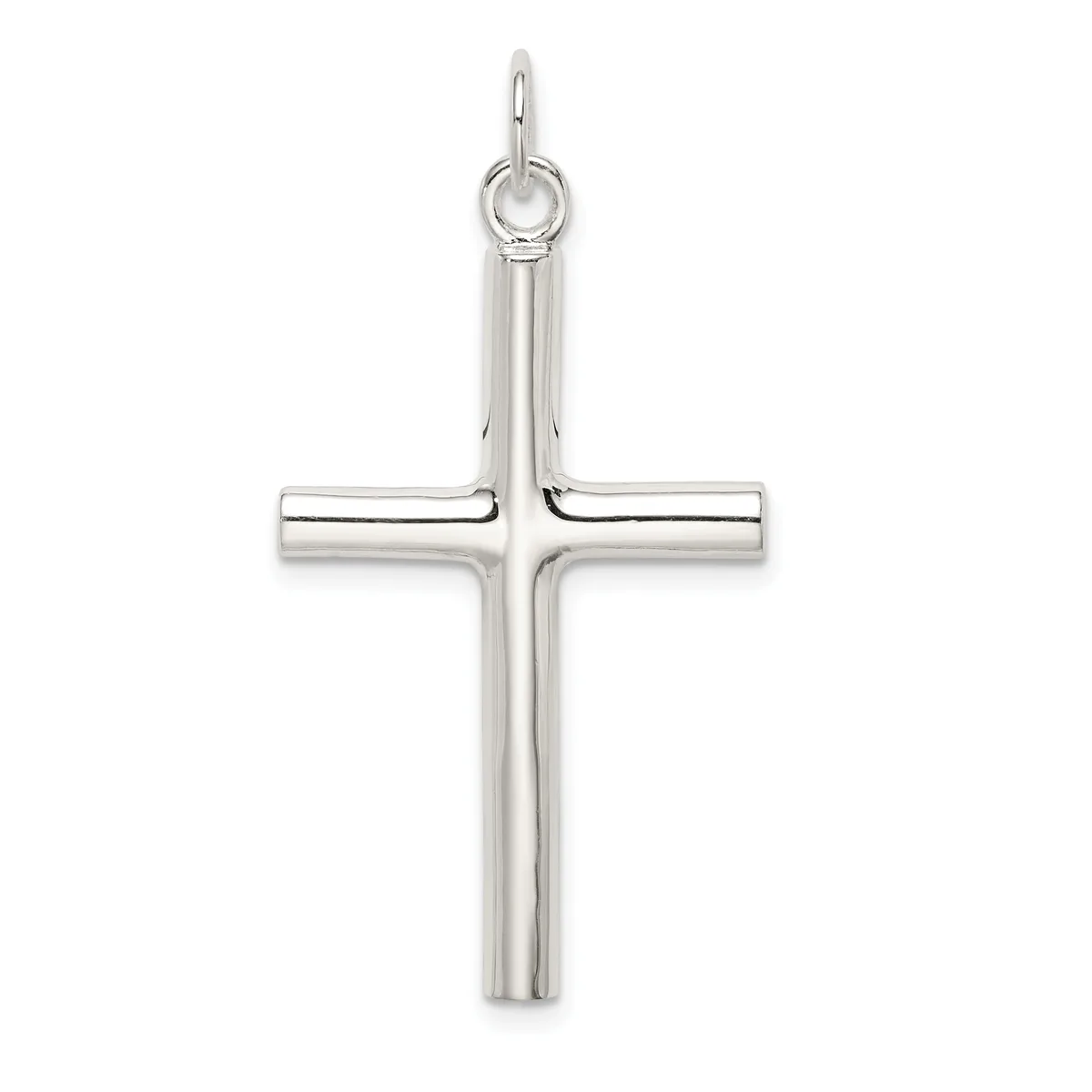 A polished silver cross pendant with hollow cylindrical arms and a small loop at the top for hanging.