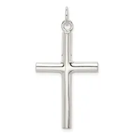 A polished silver cross pendant with hollow cylindrical arms and a small loop at the top for hanging.