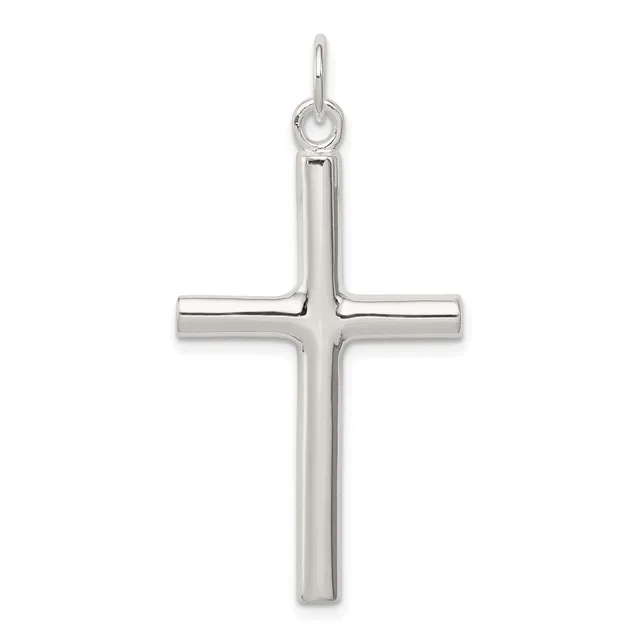 A polished silver cross pendant with a hollow rectangular design and a loop attachment at the top.